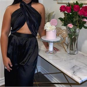 Black satin halter tie top